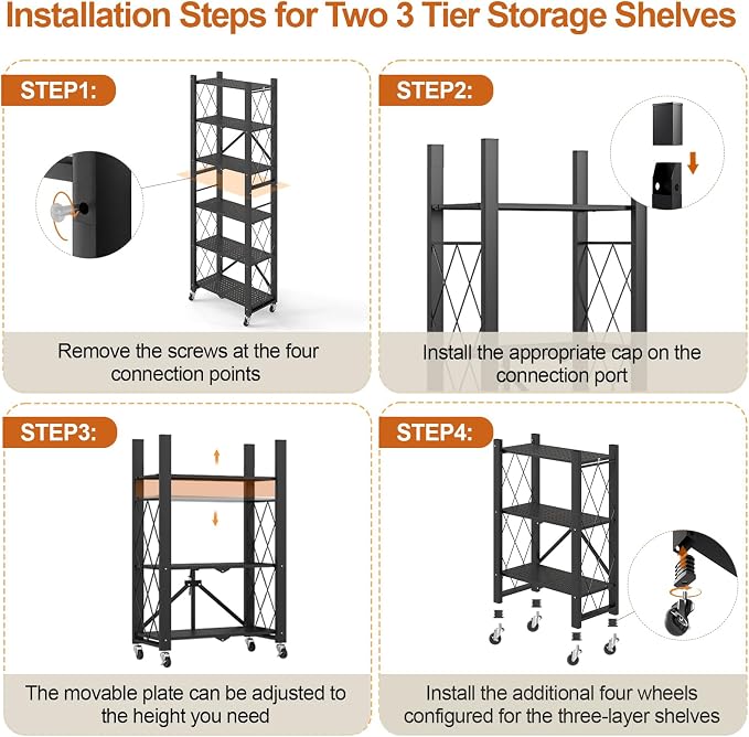 6-Tier Foldable Storage Shelves with Wheels Folding Bookshelf no Assembly | Folding Metal Shelf Unit, Collapsible Shelves for Craft Shows for Kitchen, Bedroom, Living Room, Black - Image 9