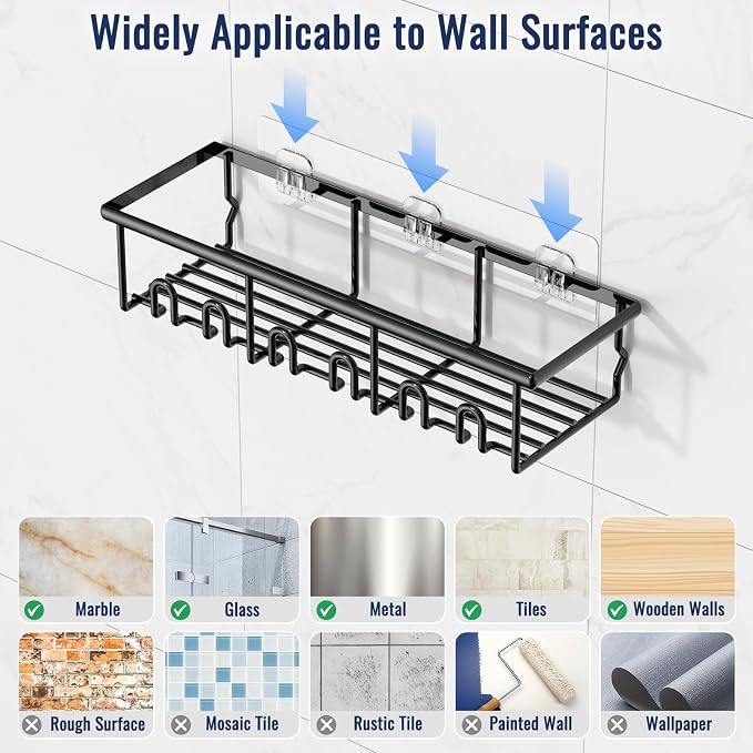 8 Pack Adhesive Large Capacity No-Drilling Shower Caddy, Black | Rustproof Shower Shelves Rack with Soap Dishes, Toothbrush Holder & Hooks for Bathroom Organizers & Storage Accessories - Image 7