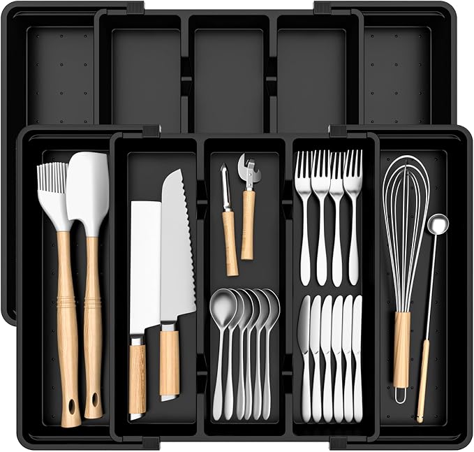 Large Expandable Silverware Drawer Organizer, Utensil Tray | Kitchen Drawer Organizer for Spoons/Forks/Knives, Multipurpose & BPA Free Cutlery Tray(2 Pack, Black) by Unknown