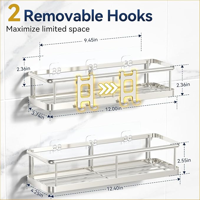 Shower Caddy Adhesive, Rustproof Shower Organizer, Large Capacity Shower Shelves for Inside Shower, No Drilling Bathroom Organizers and Storage for Home Decor （2 Pack Silver） - Image 2