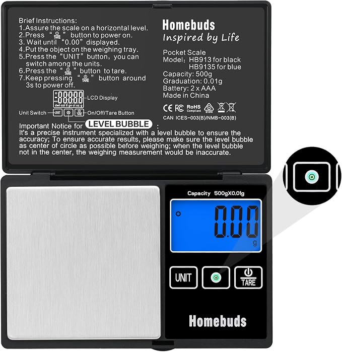 Homebuds 500g Digital Gram Scale High Precision in 0.01g with Level Bubble, Assured by Food Scale Professional Factory Since 2001, Pocket Scale for Lab, Kitchen, Coffee, Jewelry; 2*AAA, Black by Homebuds
