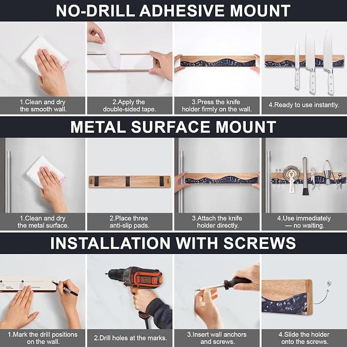 Magnetic Knife Holder for Wall 16 Inch, Acacia Wood Epoxy Resin Magnetic Knife Strip Bar, Powerful Magnet Kitchen Knife Storage Rack, Space-Saving Wall Mounted Organizer ("Onyx" Black Resin) - Image 5
