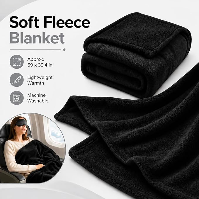 Travel Pillow and Blanket Set - Foot Hammock Rest Airplane Essentials Black | Memory Foam Neck Pillow Plane Foot Rest Airplane Accessories Essentials, Foldable Duffel Bag Eye Mask Earplugs for Comfort - Image 5