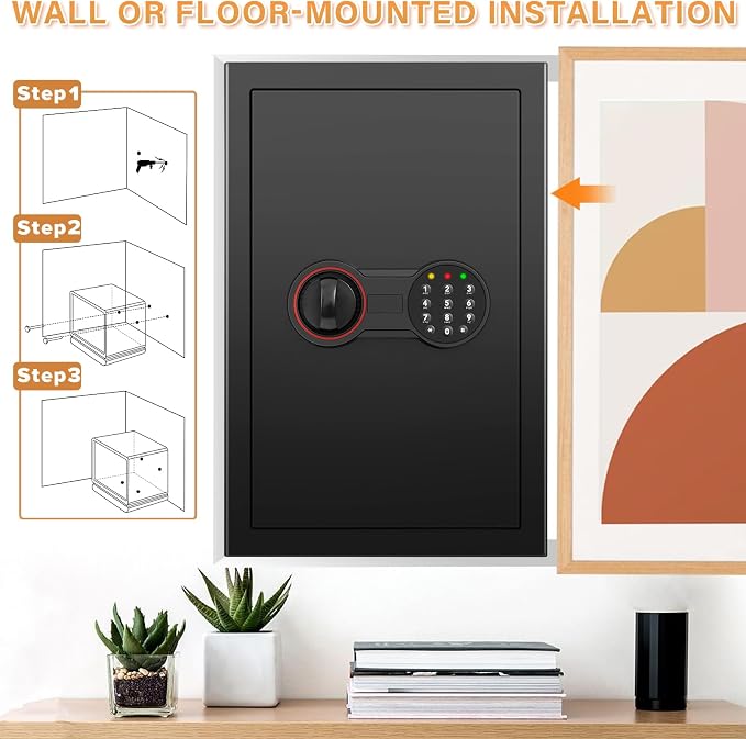 [23.6" Tall] Large Safe Box with Fireproof Bag for Home Use | LED Light, Digital Keypad, Spare Keys and 3 Removable Shelves, Wall/Floor Mountable Security Safes for Documents - Image 6