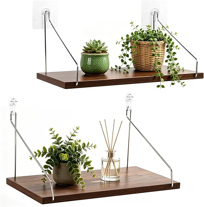Renter Friendly Wall Shelves No Drill, 2 Pack Renter Friendly Hanging Shelves, Rustic Wood Wall Mounted Shelf for Tenant, Dormitory, Apartment, Office Worker by Unknown