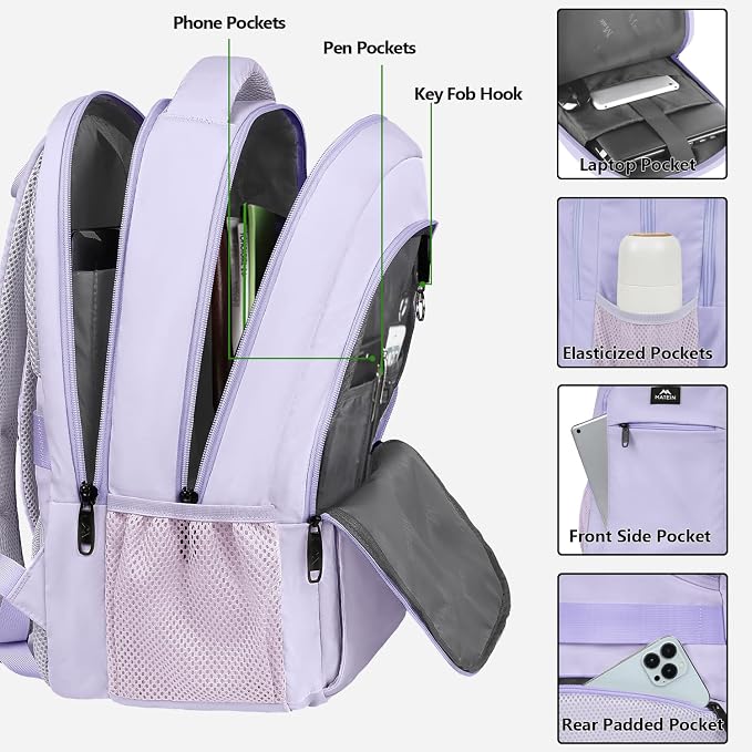 MATEIN Purple Cute Laptop Backpack for Girls, 15.6 Inch College School Bag | Water Resistant Student Bookbag, Travel Computer Nurse Work Bag, Luggage Strap, Anti Theft, Sturdy Comfort, Gift for Teenager - Image 5