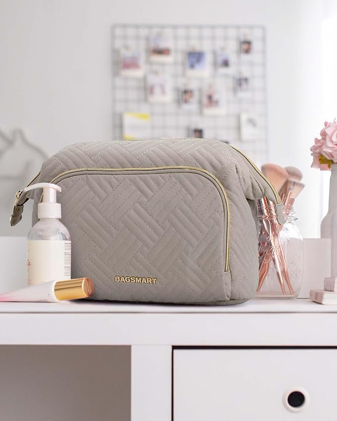 BAGSMART Travel Makeup Bag, Cosmetic Bag Small Make Up Organizer Case,Wide-open Pouch for Women Purse for Toiletries Accessories Brushes,Large Tranquil Gray - Image 7