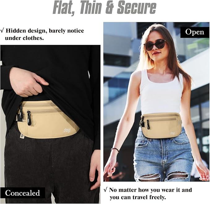 MoKo Travel Money Belt, RFID Blocking Passport Wallet | Slim RFID-blocking money belt has 3 pockets, water-resistant nylon and an adjustable strap for 28-50 in waists - Image 3
