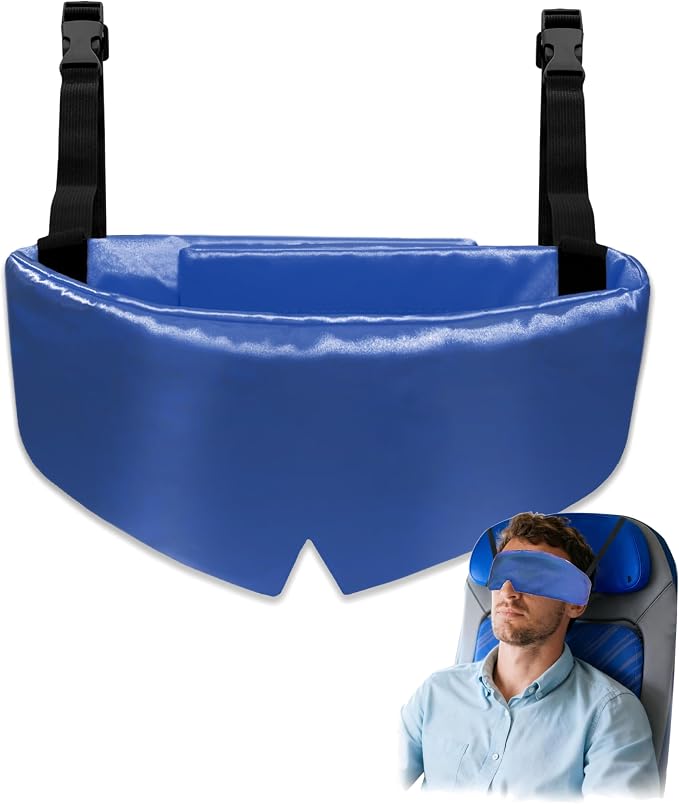 Travel Pillows for Airplanes, Airplane Head Strap with Silk Eye Mask for Sleeping, Long Flights & Car Road Trips 360°Headrest Neck Support, Stops Bobbing, Small & Compact（Blue） by RwotllsRefrigeratorLiners