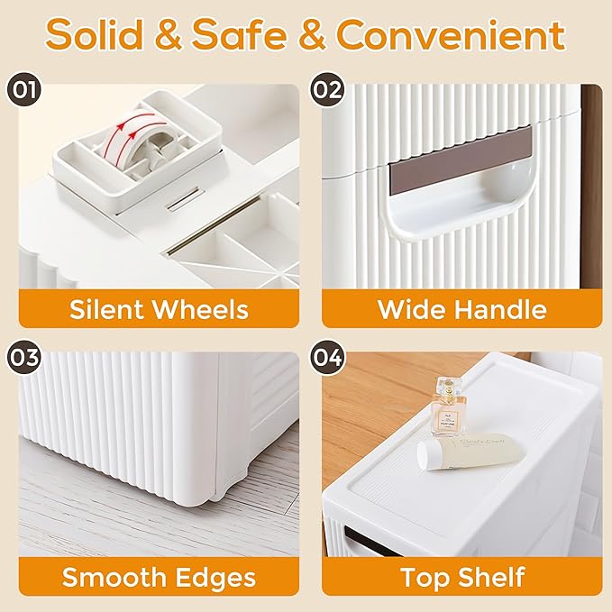 5 Drawers Slim Bathroom Storage Cabinet Dresser, Narrow Plastic Rolling Cart Organizer with Drawers, for Small Spaces, Kitchen, Laundry, Office, Bedroom, White - Image 5