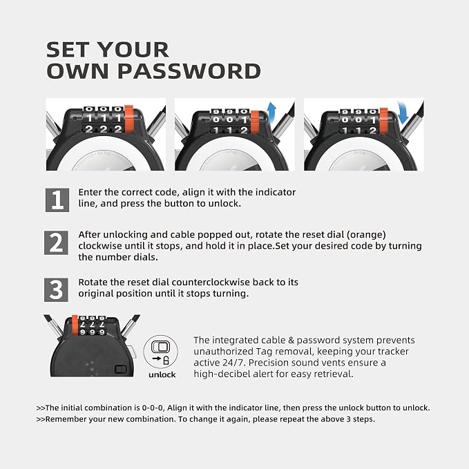 Metal AirTag Holder with Combination Lock & Steel Cable, Finder Lock Case Compatible with Apple AirTag, Anti Theft for Luggage Backpack Stroller Suitcase Car Tracking, Weather Resistant - Image 5