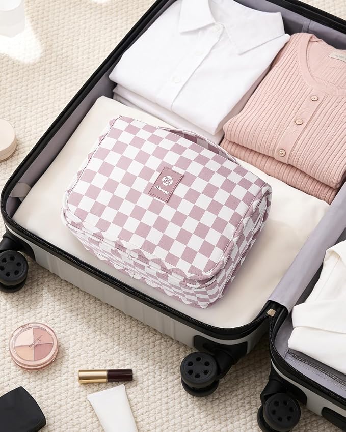 Narwey Small Hanging Travel Toiletry Bag for Traveling Women, Checkered Travel Bag for Toiletries, Makeup Bag Organizer Make Up Cosmetic Bags,Gifts for Kids Teen Girls (Dusty Pink Checkerboard) - Image 7