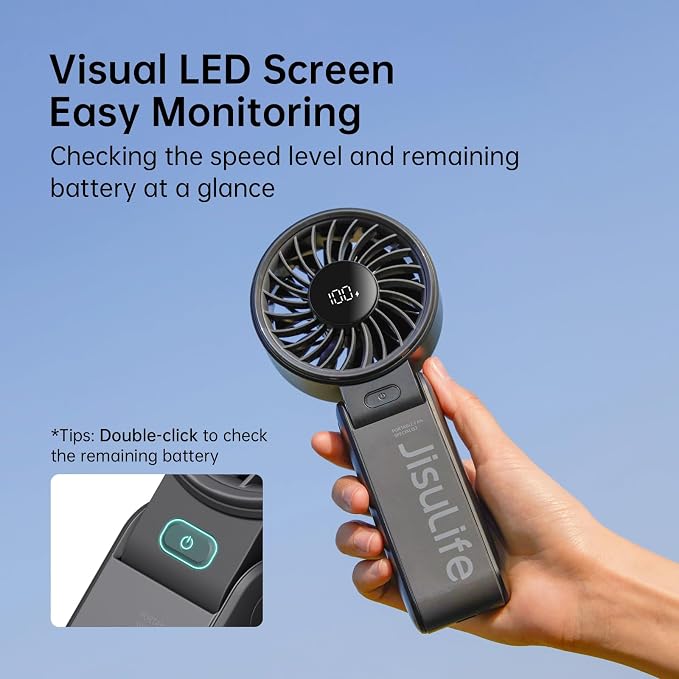 JISULIFE Portable Handheld Fan Life7: 3-in-1 Hand, Desk & Neck Fan-Black | 19.5H Max Cooling, 5-Speed, LED Display, 5000mAh Rechargeable,USB Foldable Fan for Travel/Concerts/Cruise/Sports Events/Gifts - Image 6
