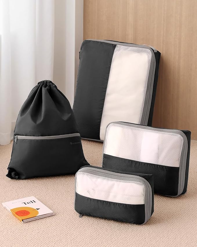 4 Set Compression Packing Cubes for Travel, Bonus Versatile Drawstring Backpack, Lightweight Luggage Organizer Bags, Sturdy Travel Accessories for Suitcase, Black - Image 6