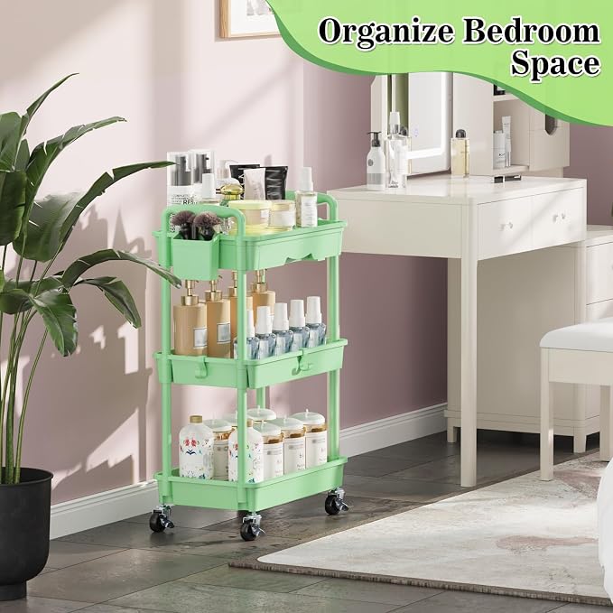 SUNALLY 3 Tier Rolling Cart with Drawer, Craft Storage Cart Organizer,Green | Bathroom Storage Organizer with 2 Lockable Wheels, Rolling Utility Cart for Kitchen, Office, Baby, Makeup, Nail,Snack,Laundry - Image 7