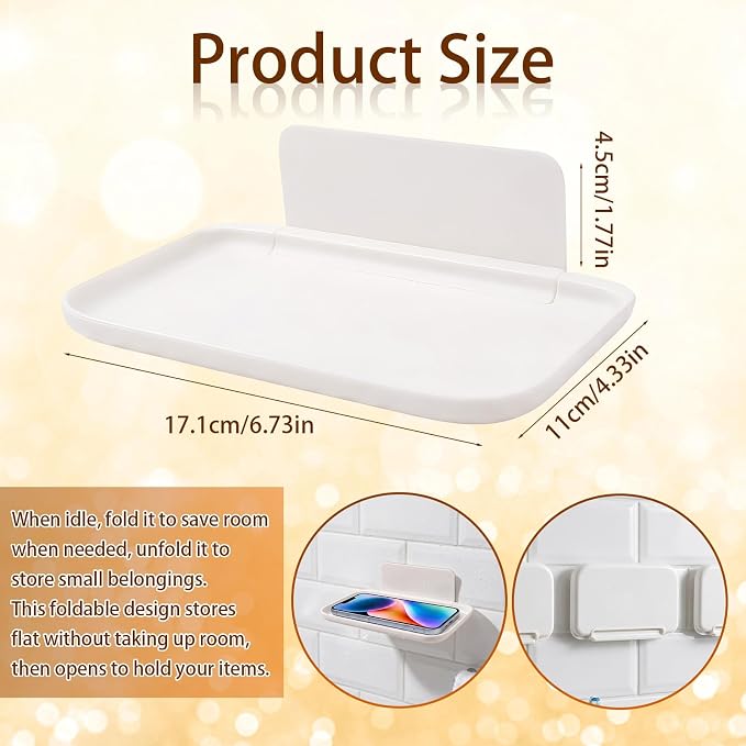 Foldable Floating Shelf, No Drill Wall Shelves, Adhesive Organizer Tray | Small White Stick on Plastic Shelf, Portable Damage Free Adhesive Shelves for Bedroom Bathroom Kitchen Office - Image 2