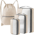 4 Set Compression Packing Cubes for Travel, Bonus Versatile Drawstring Backpack, Lightweight Luggage Organizer Bags, Sturdy Travel Accessories for Suitcase, Beige by KOOKOOMIA