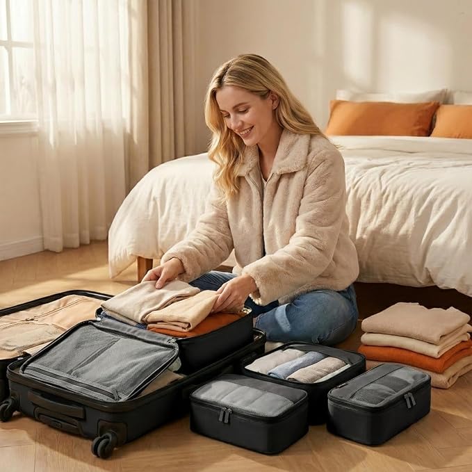 4 Piece Compression Packing Cubes for 3–7 Day Travel, Space Saving Travel Organizers with Breathable Mesh, Double-Zipper Packing Cubes for Carry-On & Suitcases (Black) - Image 6