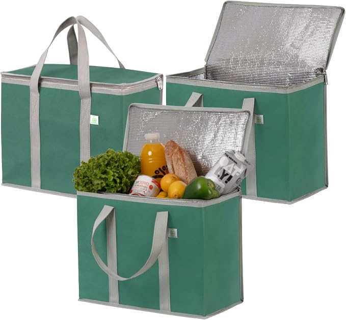 VENO 3 Pack Cooler Bag Insulated Grocery Bags for Food Delivery Heavy Duty | Large Collapsible Cooler, Reusable Shopping Tote with Zippers, Foldable, Stands Upright, for Picnic Camping (Green, 3 Pack) by Veno