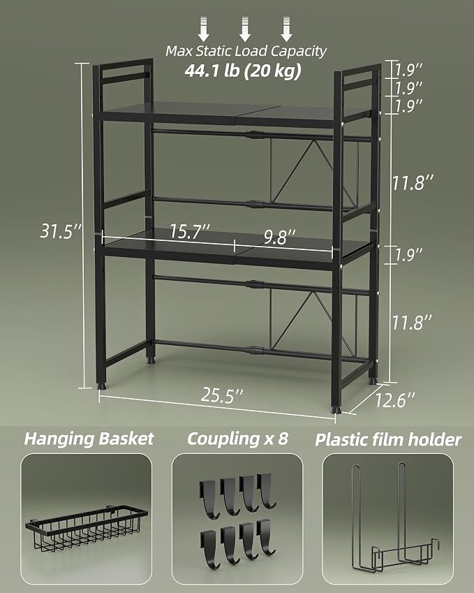 3 Tier Expandable Microwave Stand countertop,Microwave Oven Rack | microwave shelf, storage shelf for pans &appliances,with Paper Towel Holder and Baskets，55 Lbs load Per Tier,Black - Image 3