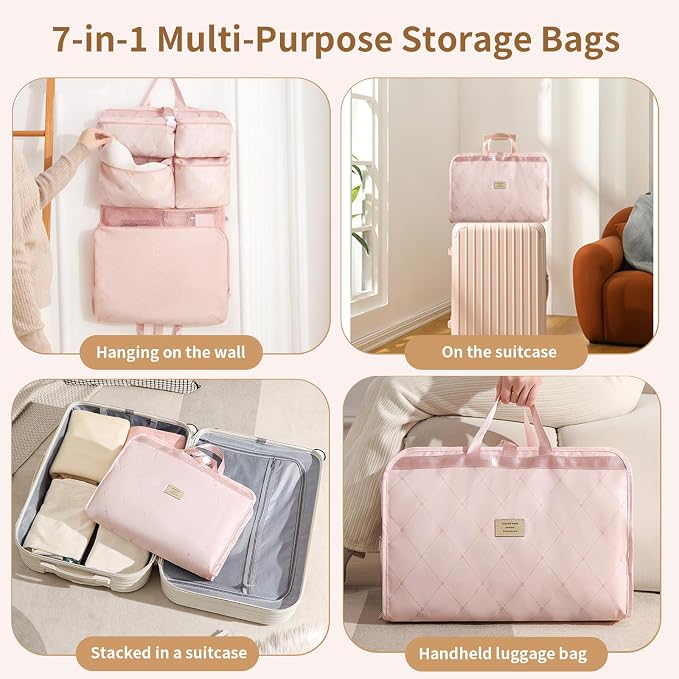 7-in-1 Travel Storage Bag, Foldable Hanging Packing Cube with Compartments for Clothes, Beige - Image 6