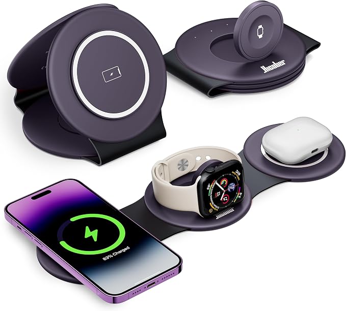 HICOBER 3-in-1 Wireless Charging Station for iPhone, Watch, AirPods, Purple | Charge 3 devices at once, foldable, case-friendly and ready for travel by Hicober