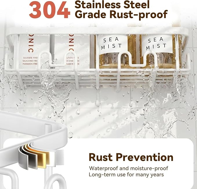 Shower Caddy Adhesive, Rustproof Shower Organizer, Wall Shower Rack | Large Capacity Shower Shelves for Inside Shower, Shampoo Shower Holder, White, 3 Caddies, 1 Soap Dish, 1 Toothbrush Holder - Image 5