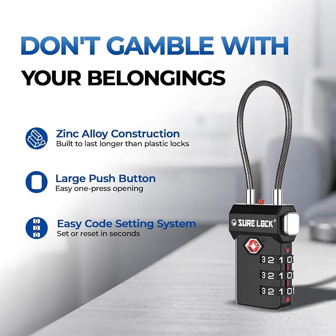 SURE LOCK TSA Approved Luggage Locks with Open Alert Indicator, 3 Digit Combination Cable Travel Lock for Suitcase, Backpack, Gym Locker, Toolbox, Carry On & Travel Bag - Image 4