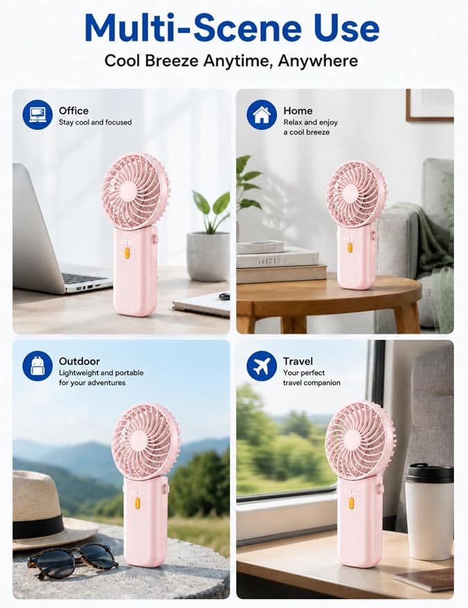 Portable Mini Fan, Quiet Foldable Fan with Lanyard (Pink) | 4 Speeds, 15H Rechargeable Battery, Portable Pan for Travel, Home, Office, Outdoor, Makeup, Women, Men, Pink - Image 5