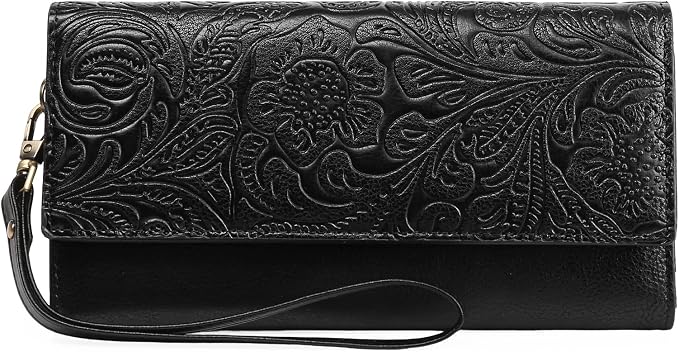 GOIACII Wristlet Wallets for Women RFID Blocking Western Clutch Black | Embossed Leather, Vintage Design, Trifold, Large Billfolds, Ladies Purses with Zipper Coin Pocket by GOIACII