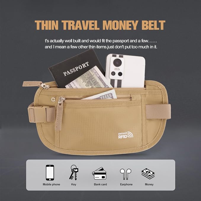 Small Unisex Money Belt For Men and Women, Slim Passport Holder RFID Blocking Travel Essentials Pouch with Adjustable Strap Small Waist Pouch for Workout Running Travelling Hiking, Beige & 8 Sleeves - Image 3