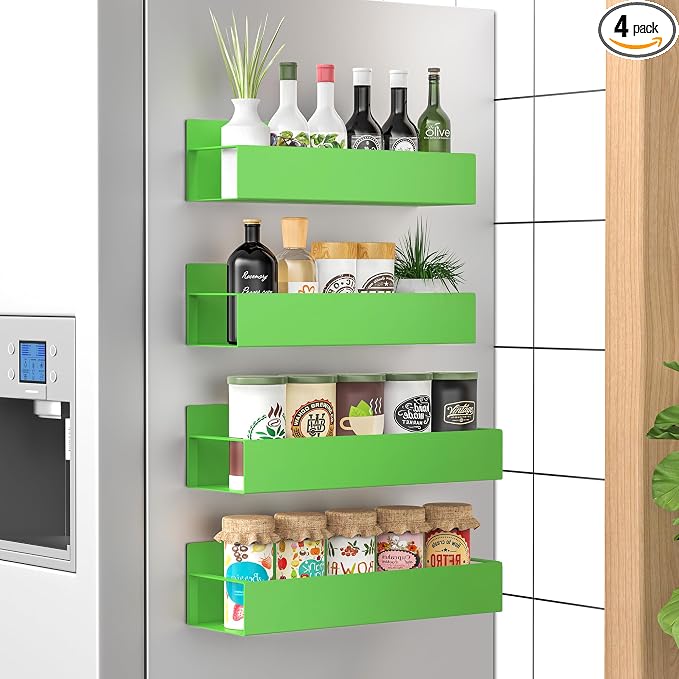 HuggieGems Metal Magnetic Spice Rack for Refrigerator Green, 4 Pack | Magnetic Shelves Heavy Duty for Fridge in Kitchen, Seasoning Storage Organizer, For Oven Washer and Dryer, For Heavier Items by HuggieGems