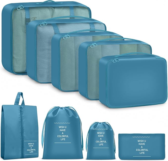 9 Set Packing Cubes for Travel Essentials - Lightweight Carry-On Luggage Organizer Bags with Shoe, Clothes & Laundry Bags for Airplane, Family & Business Travel, Lake blue by Unknown