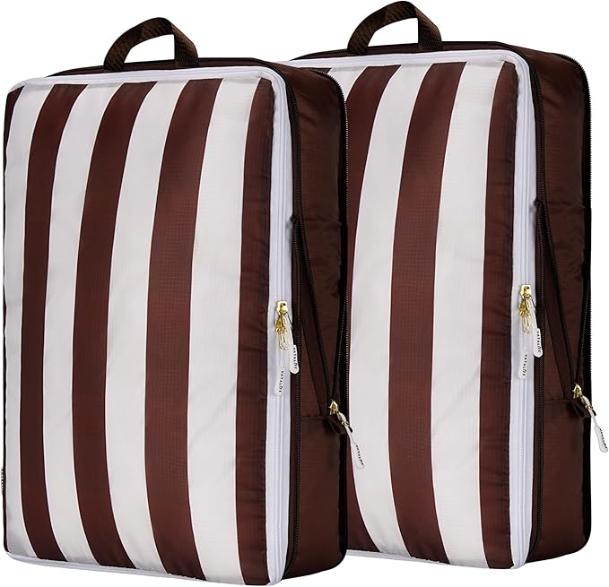 Extra Large Compression Packing Cubes for Checked Luggage, Lightweight Suitcase Organizers & Space Saver Bags - Travel Cubes for Packing - 2pc Set, X-Large - Brown Cabana Stripe - Image 2
