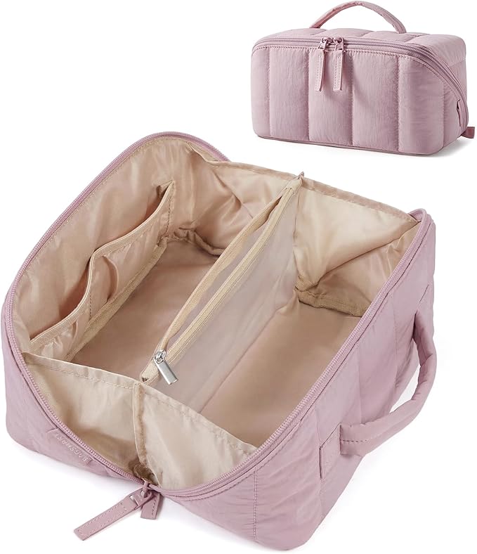 BAGSMART Travel Makeup Bag for Women, Portable Water-resistant Cosmetic Case, Puffy Padded Make Up Organizer Pouch, Open Flat Toiletry Bag for Toiletries, Brushes, Mist Purple by BAGSMART