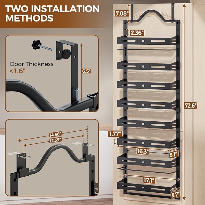 8-Tier Pantry Door Organizer, Large 2 IN 1 Wall Mount or Over The Door Pantry Organizer, Pantry Door Spice Rack with Adjustable Baskets, Over Door Organizer for Kitchen,（72.6×17.1×5.1in,Black) - Image 2