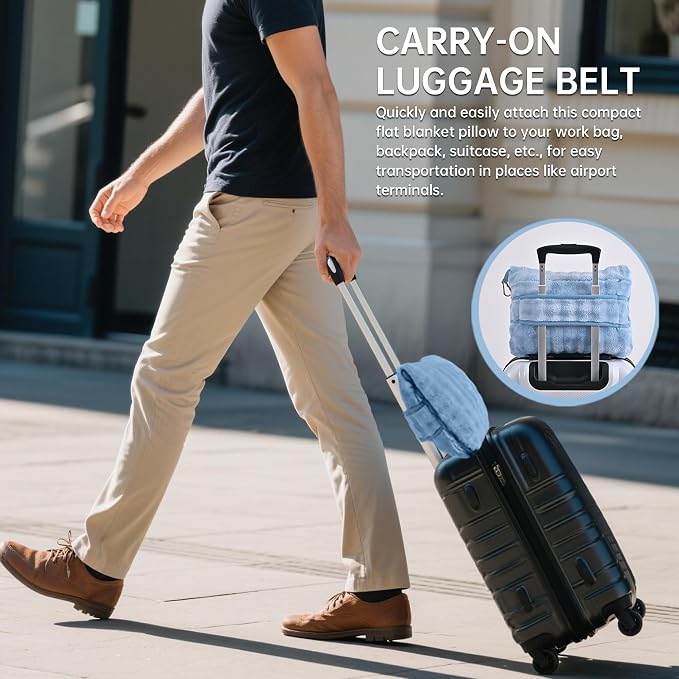 Travel Blanket and Pillow-2-in-1, Ultra-Soft&Compact, Airplane Blanket with Hand Luggage Belt and Backpack Clip,Travelers Accessories Gifts, 61x43 Inches（Blue） - Image 3