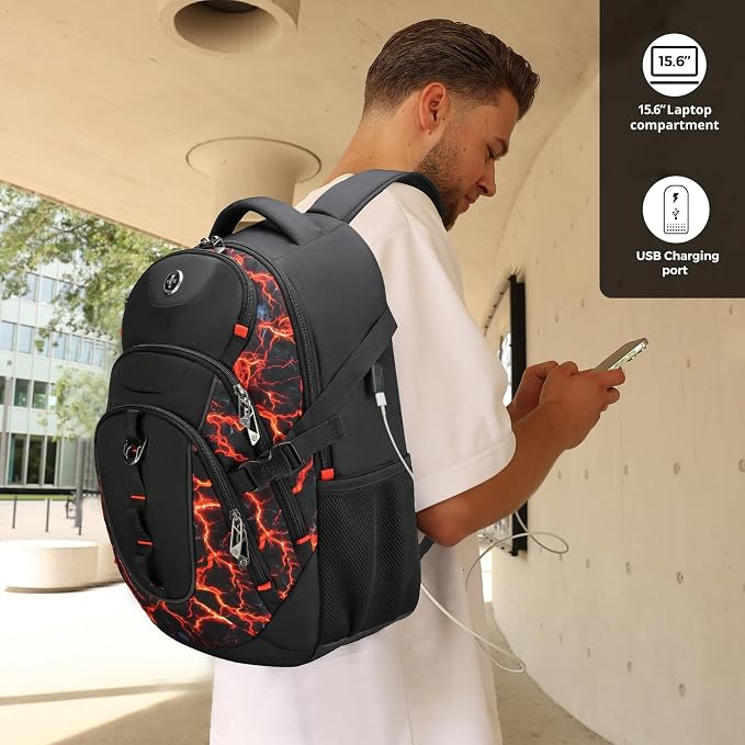 Swissdigital Laptop Backpack with USB Charging Port, Travel Backpack Fits 15.6 inches Computer, 31L Backpack for Men, Flame Red | SD803-97 - Image 3