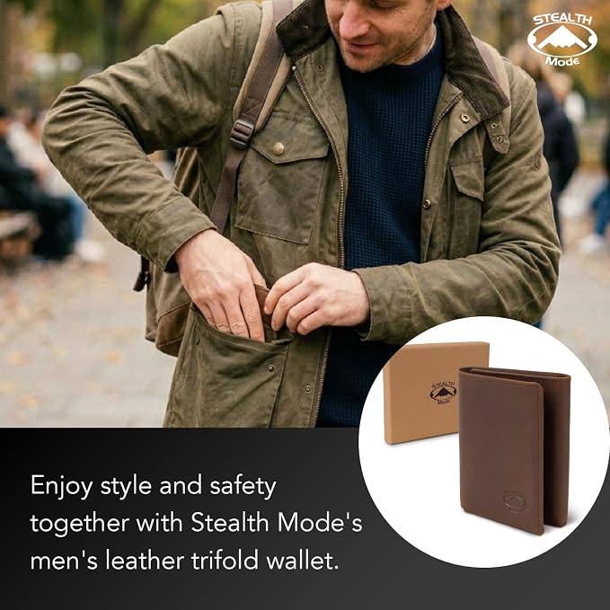 Stealth Mode Trifold Leather Wallet for Men with RFID Blocking (Brown) | Top Grain Napa Leather, 9 Card Slots, ID Window, Gift Box – Gift for Dad, Husband, or Son - Image 6