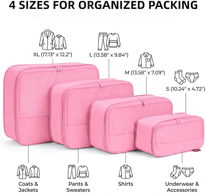 4 Piece Compression Packing Cubes for 3–7 Day Travel, Space Saving Travel Organizers with Breathable Mesh, Double-Zipper Packing Cubes for Carry-On & Suitcases (Petal) - Image 3
