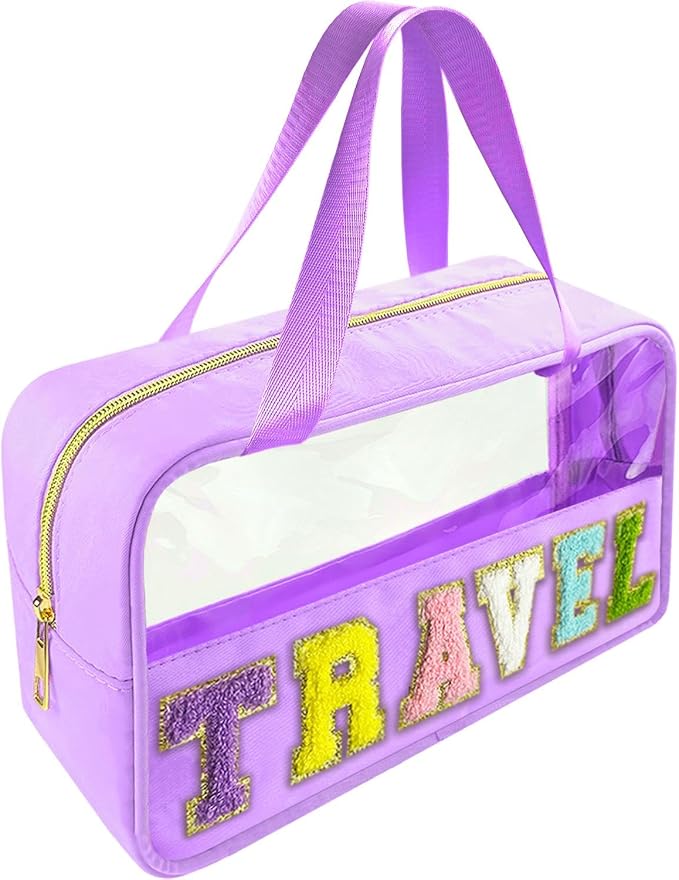 Bunliuys Chenille Letter Clear Makeup Bag Travel Patch, Travel Toiletry Makeup Bag with Handle, Nylon Waterproof Makeup Bags clear cosmetic bag, preppy patch makeup bag for Women (TRAVEL-Violet) by Bunliuys