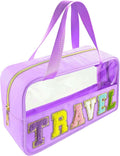 Bunliuys Chenille Letter Clear Makeup Bag Travel Patch, Travel Toiletry Makeup Bag with Handle, Nylon Waterproof Makeup Bags clear cosmetic bag, preppy patch makeup bag for Women (TRAVEL-Violet) by Bunliuys