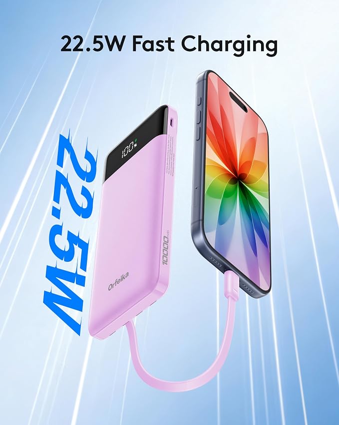 Orfeika Fast Charging Portable Charger Power Bank with Built-in 4 Cables | 10000mAh|Ultra-Slim&Light|Flight-Safe|Power 6 Devices at Once|22.5W|Battery Pack For iPhone,Samsung,Google|Travel Essentials - Image 2