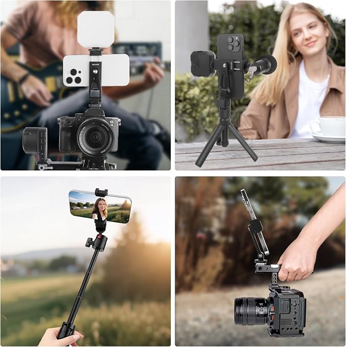 Metal Phone Tripod Mount with Cold Shoes & 1/4" Thread, 180° Tilt & 360° Rotation Tripod Phone Holder Stand for iPhone 16 Pro Max/Samsung Galaxy/All Phones/Camera/Cage/Selfie Stick (69001) - Image 9
