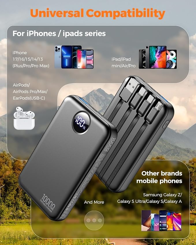 Portable Charger 10000mAh with 4 Built-in Cables 40% Smaller | Power Bank Fast Charging Battery Pack,LED Display Compact with Travel Charger for iPhone Other Devices-Black - Image 7