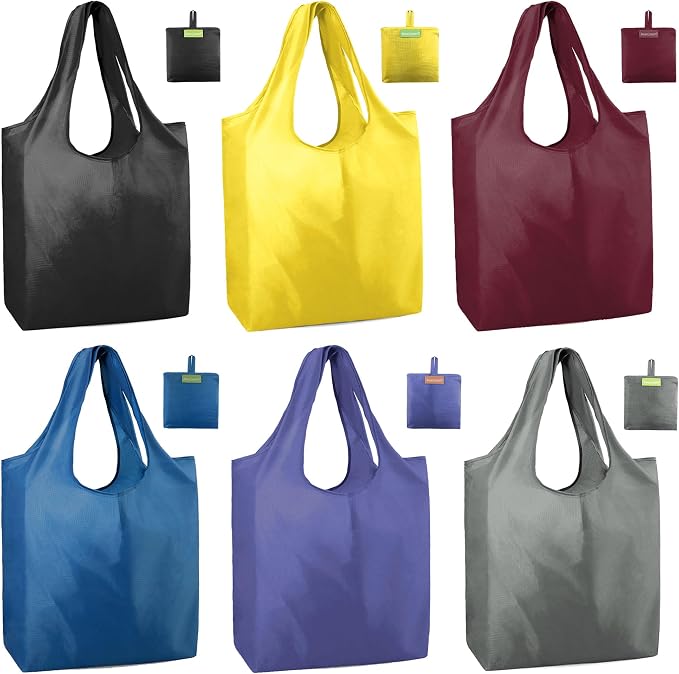 BeeGreen Reusable Shopping Bags Cute Grocery Bag 6 Pack, Reusable Gift Bags Heavy-Duty Foldable Shopping Totes for Supermarket, Work & Travel, Large Washable Polyester Tote Bag with Handles by BeeGreen