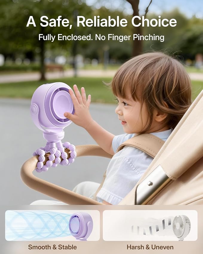 SWEETFULL Portable Stroller Fan, Pinch-Proof Baby Fan - Purple | Wide Turbine Airflow; Safe Design; LED Display; 5-Speed; 30dB Quiet; USB-C Rechargeable; Mini Clip On Fan for Car Seat & Bed - Image 2