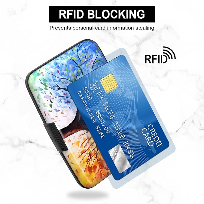 Card Holder Credit Cards Holder for Women RFID wallet women Business Card Holder Wallet Mini Aluminum Card Wallet RFID Blocking Slim Metal Hard Card for Women, Colorful Trees - Image 3