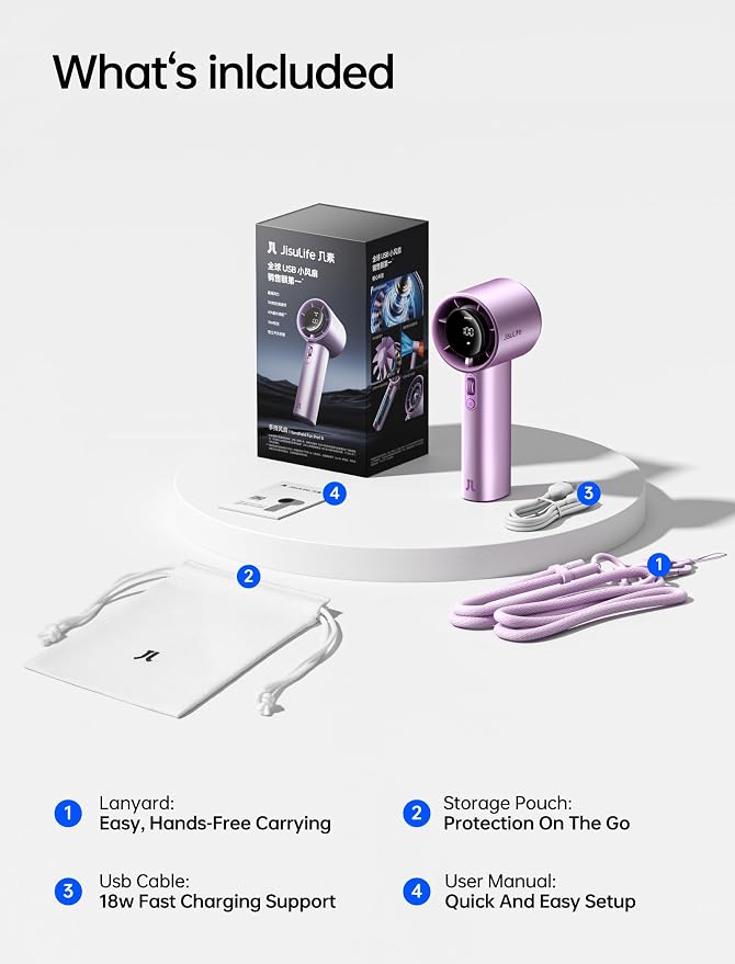 JISULIFE Handheld Fan Pro1S - Next-Gen Airflow: Up to 40H Runtime | Electroplated ABS-Luxury Shine, 1-100 Speed Scroll Wheel, 5000mAh-Portable Fan for Travel, Gifts for Women(Chrome Purple,1Pc) - Image 7