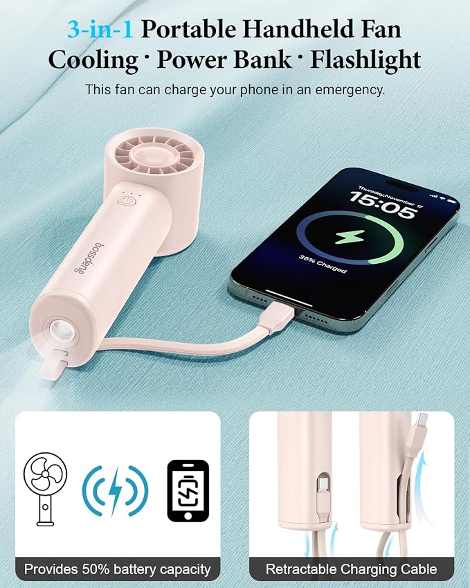 Portable Fan with Power Bank & Flashlight-Pink | 6.5H Max Cooling,USB-C Rechargeable,Mini Fan for Outdoor/Travel/Beach/Concerts/Summer.Gifts for Girl,Women. - Image 3
